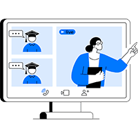 Illustration montrant un formateur et deux étudiants réunis dans un logiciel de classe virtuelle apparaissant sur l'écran d'un ordinateur de bureau